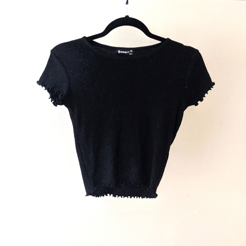 Medium, Black Crop Top, ruffle details